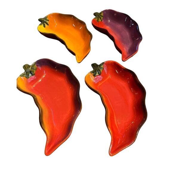 Chili Pepper Shaped Ceramic Salsa Server Bowls (4) Clay Art Appetizer Party READ - Picture 1 of 8